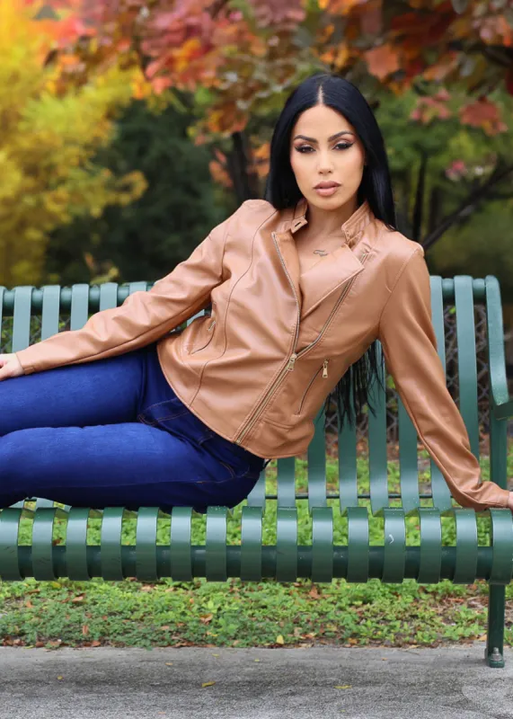 Vegan Leather Zip Up Moto Jacket Camel sold by Moda