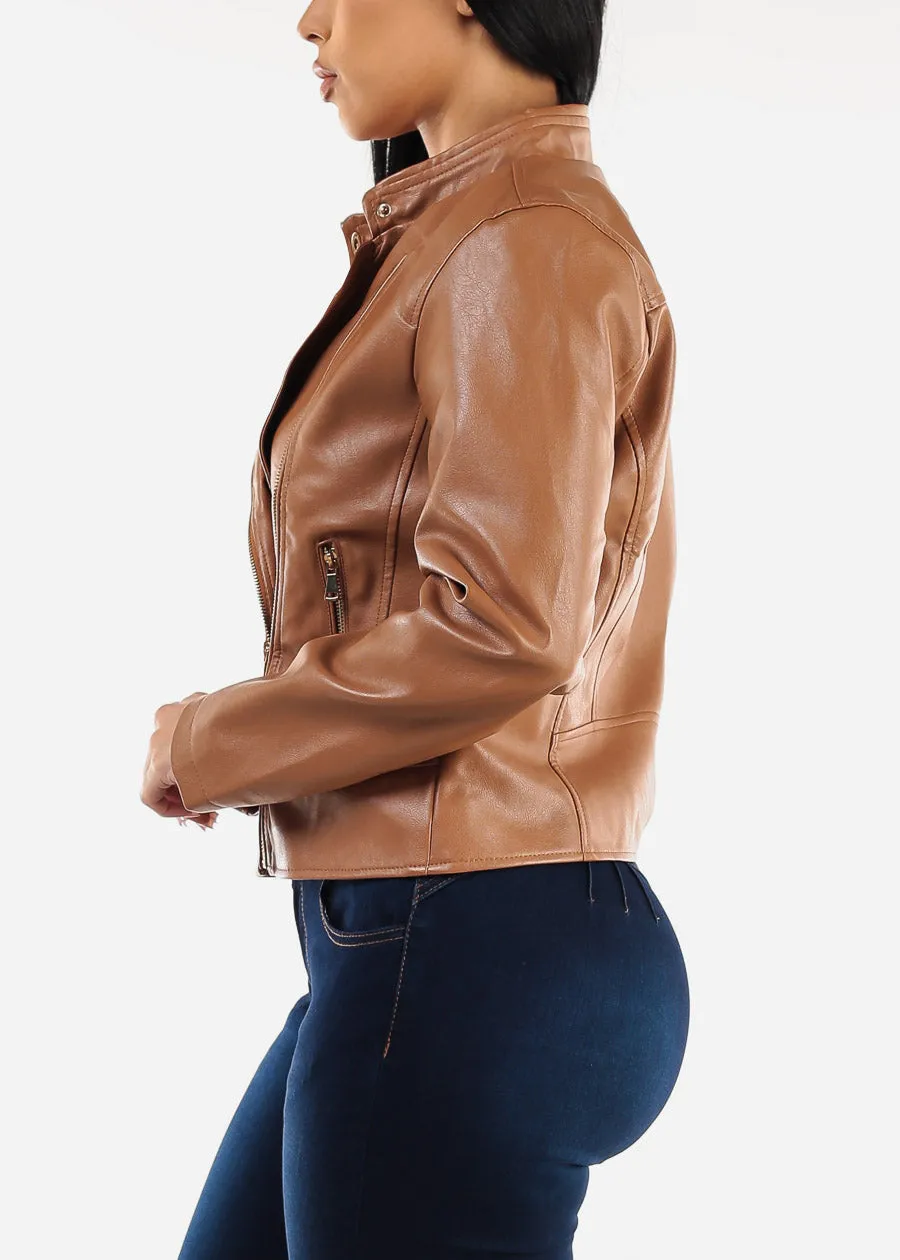 Vegan Leather Zip Up Moto Jacket Camel sold by Moda product image thumbnail 5
