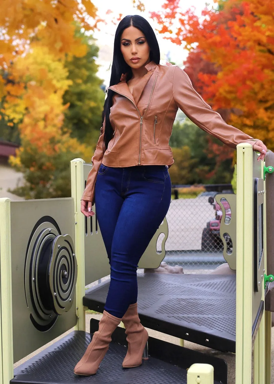 Vegan Leather Zip Up Moto Jacket Camel sold by Moda product image thumbnail 2