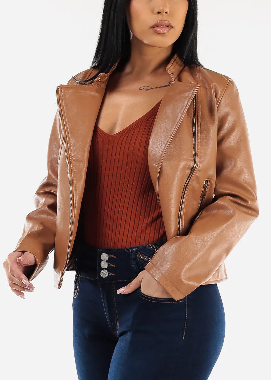 Vegan Leather Zip Up Moto Jacket Camel sold by Moda product image thumbnail 3