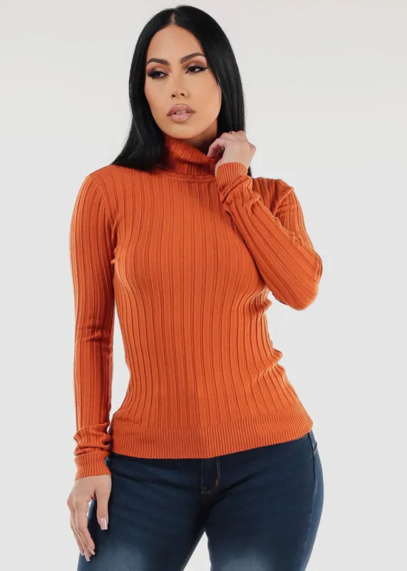 Long Sleeve Ribbed Turtleneck Sweater Rust sold by Moda