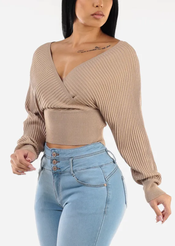 Long Sleeve Surplice Knit Sweater Top Khaki sold by Moda