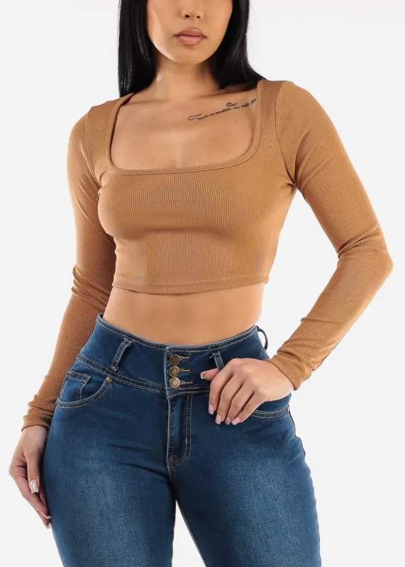 Wide Square Neck Long Sleeve Crop Top Tan sold by Moda