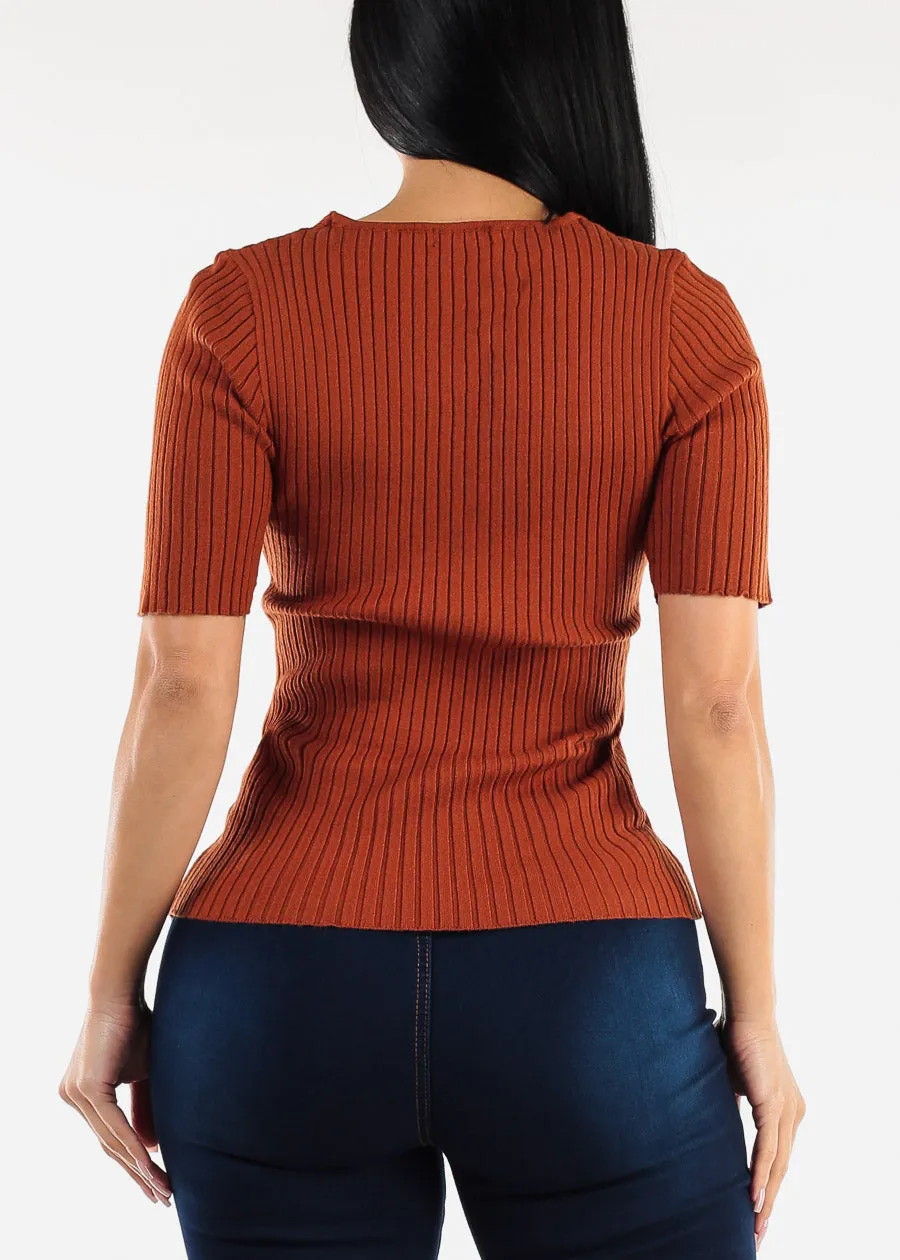 Short Sleeve V-Neck Rib Knit Sweater Top Rust sold by Moda product image thumbnail 4