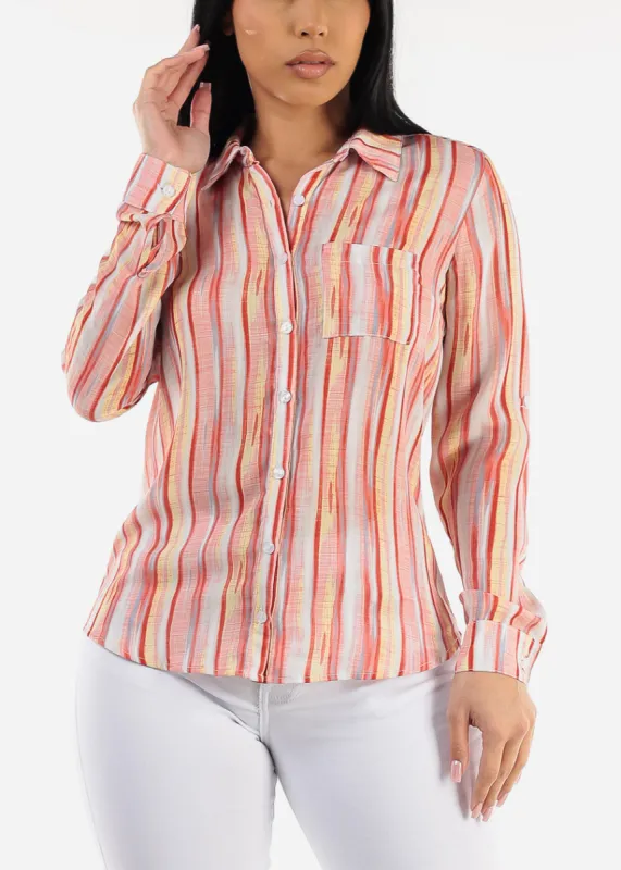 Long Sleeve Button Down Stripe Blouse Multicolor sold by Moda
