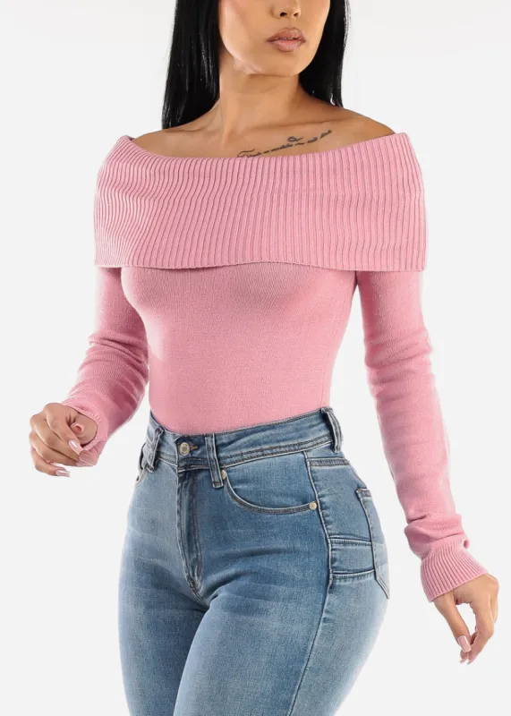 Off Shoulder Ribbed Sweater Top Pink made by Moda