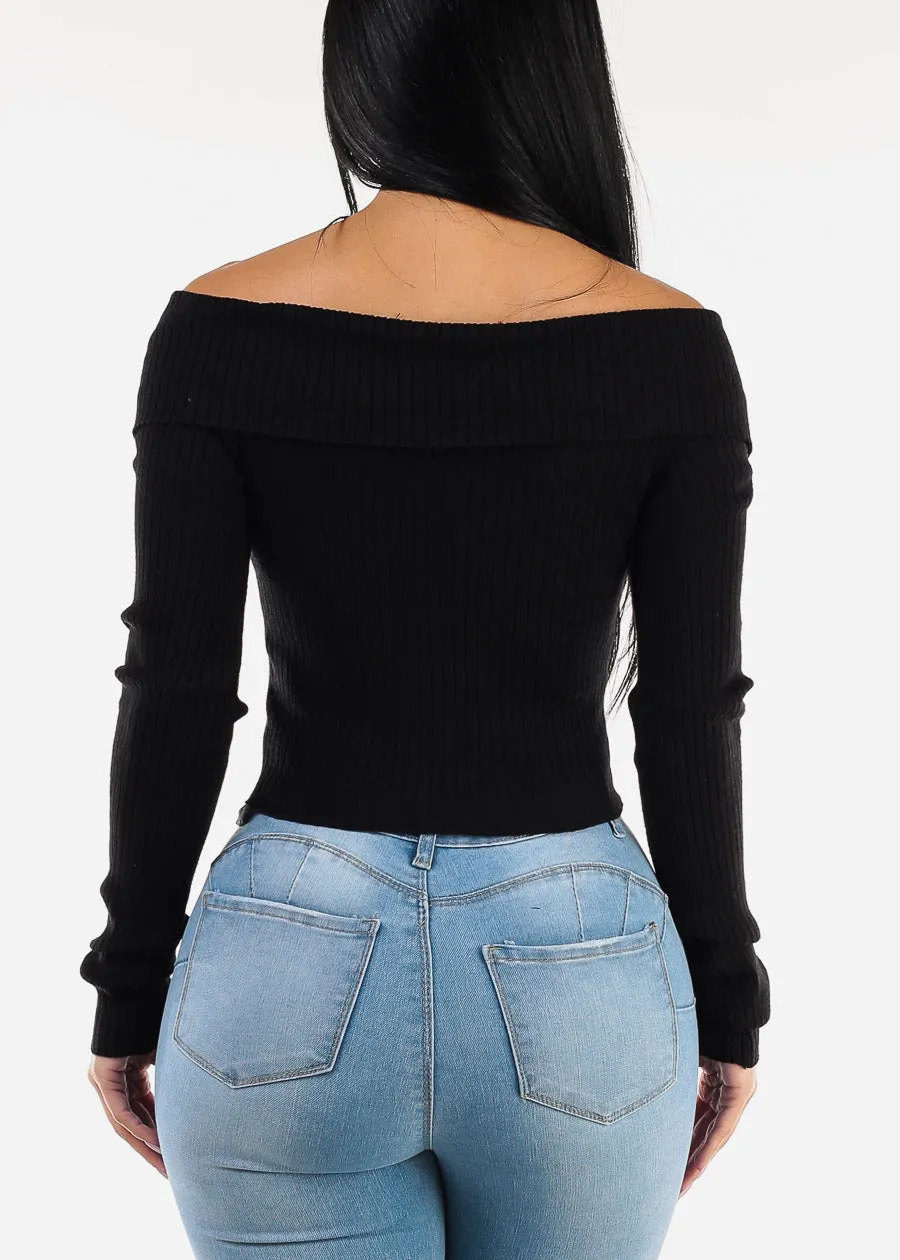 Zip Up Off Shoulder Black Ribbed Sweater sold by Moda product image thumbnail 4