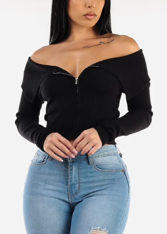 Zip Up Off Shoulder Black Ribbed Sweater sold by Moda