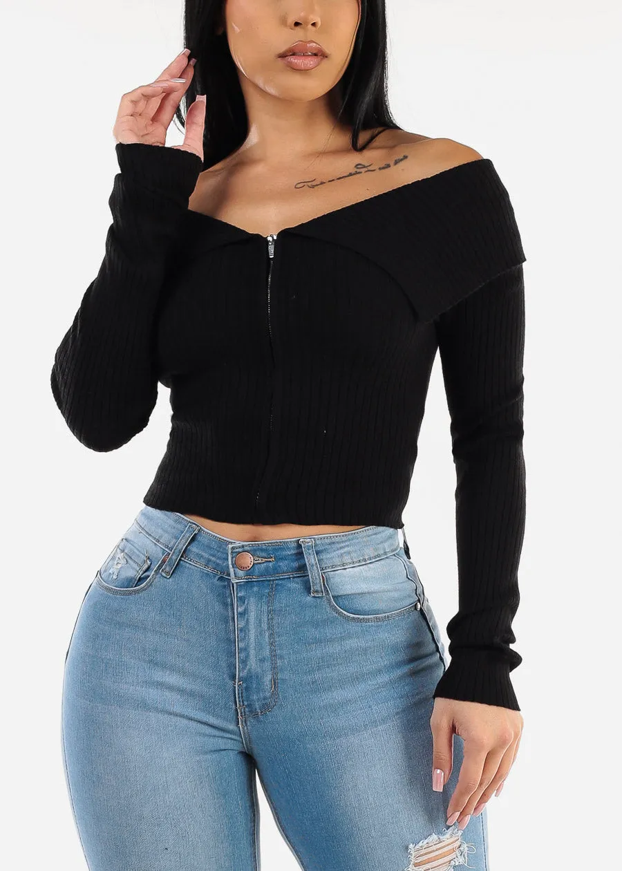 Zip Up Off Shoulder Black Ribbed Sweater sold by Moda product image thumbnail 5