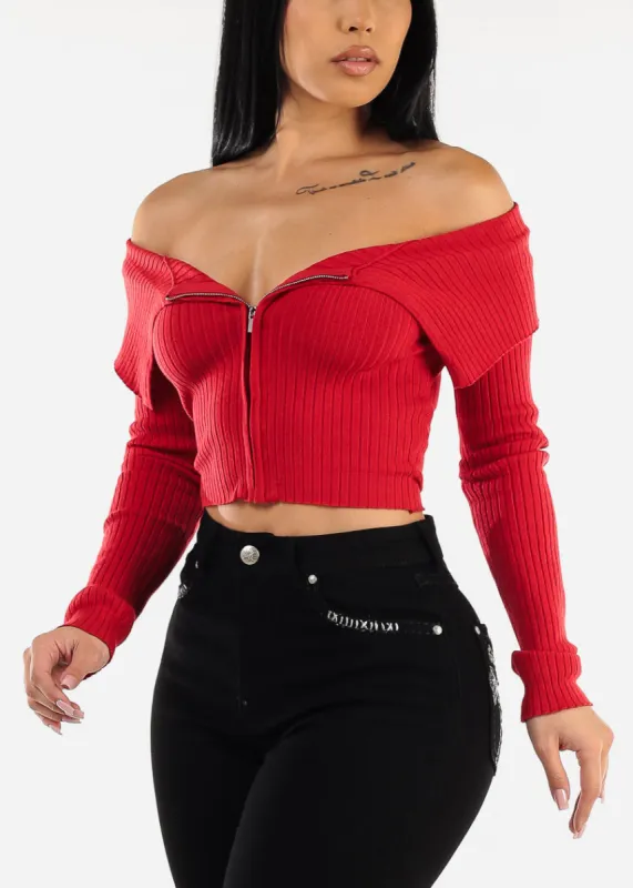Zip Up Off Shoulder Ribbed Sweater Red sold by Moda