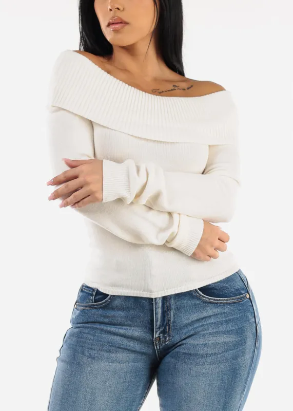 Off Shoulder Ribbed Sweater Top Ivory sold by Moda