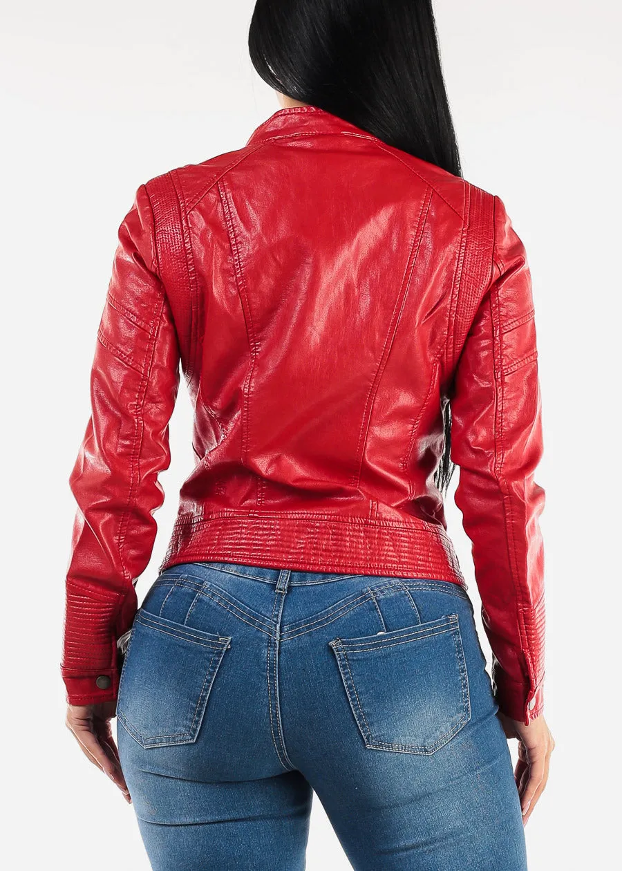 Long Sleeve Zip Up Vegan Leather Jacket Red sold by Moda product image thumbnail 4
