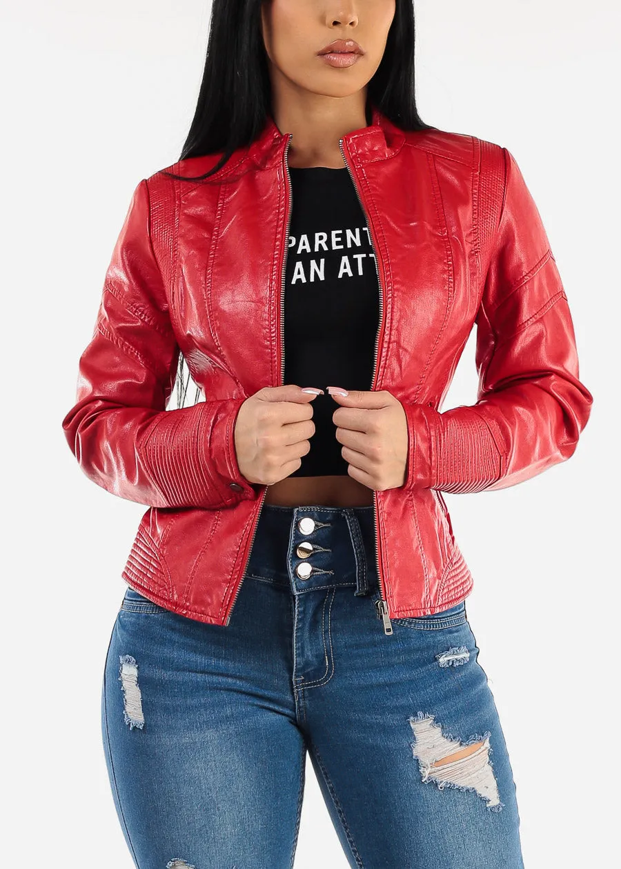 Long Sleeve Zip Up Vegan Leather Jacket Red sold by Moda