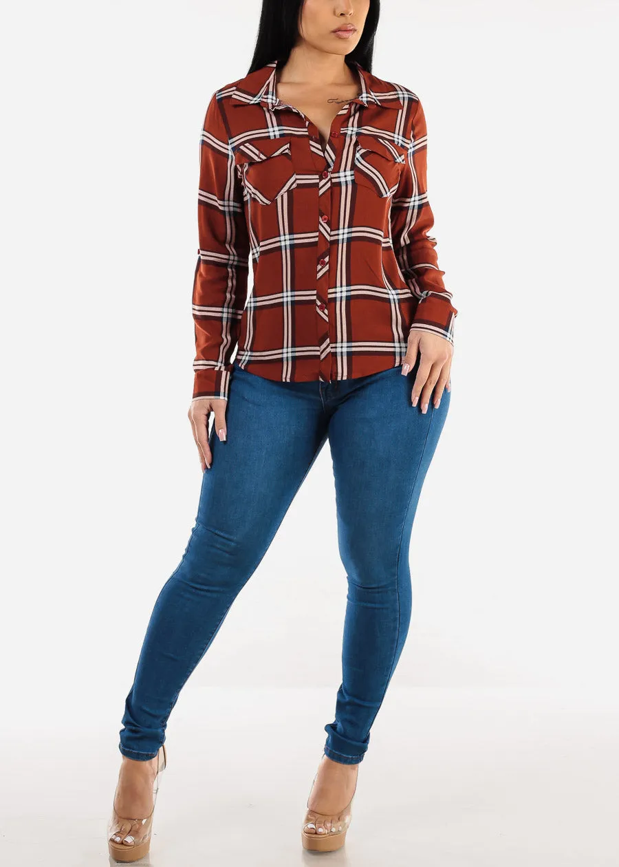 Long Sleeve Button Down Plaid Blouse Rust sold by Moda product image thumbnail 2