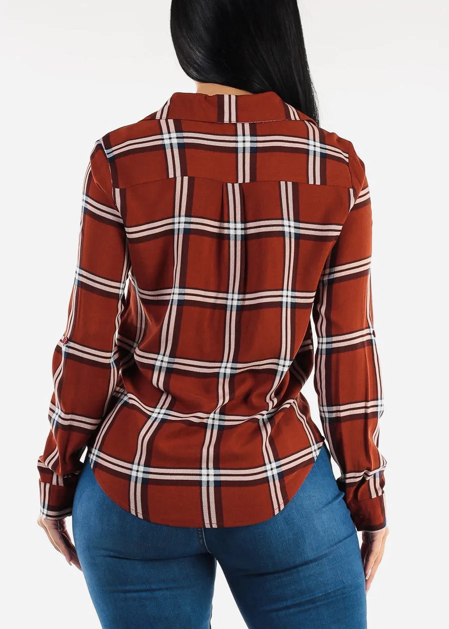 Long Sleeve Button Down Plaid Blouse Rust sold by Moda product image thumbnail 4