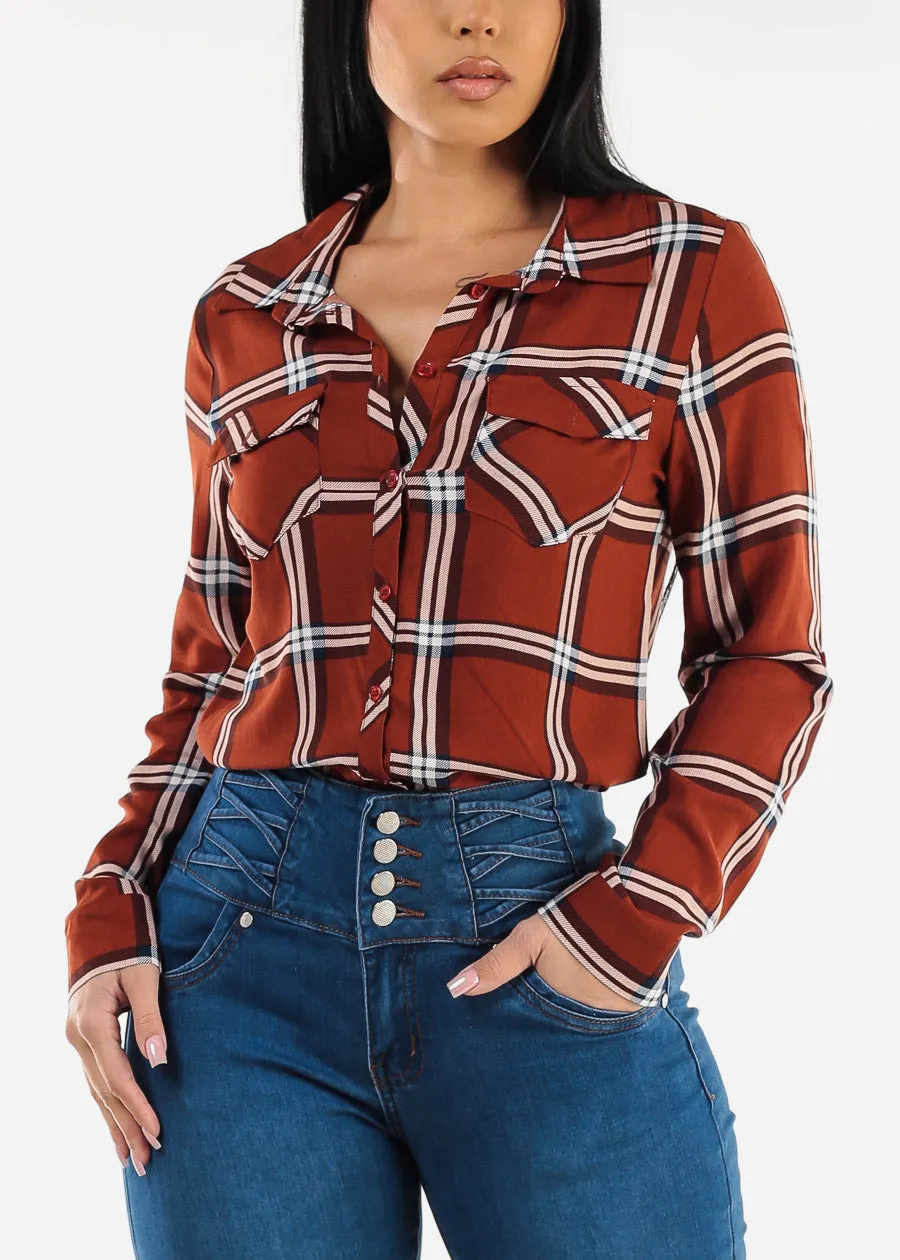 Long Sleeve Button Down Plaid Blouse Rust sold by Moda
