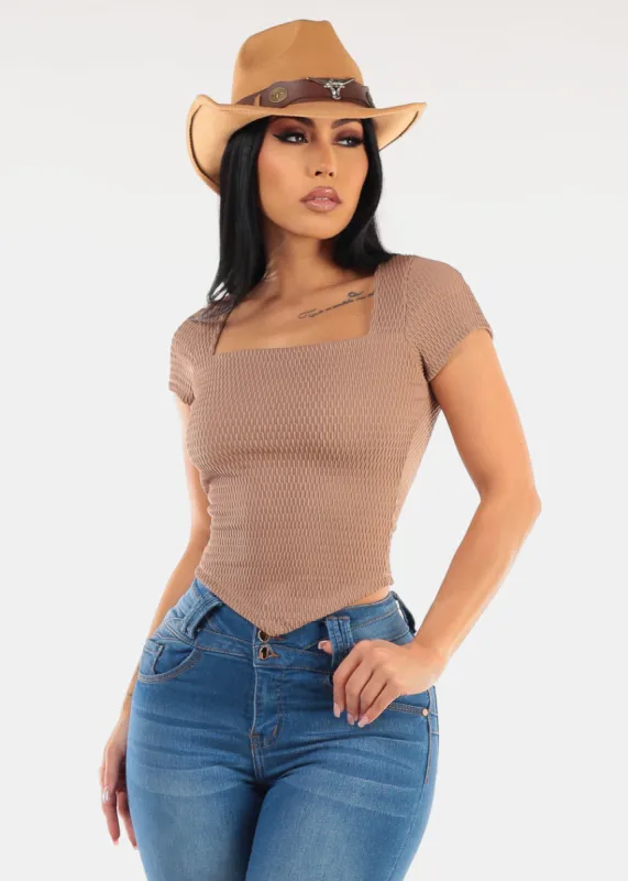 Short Sleeve Square Neck Textured Crop Top Mocha sold by Moda
