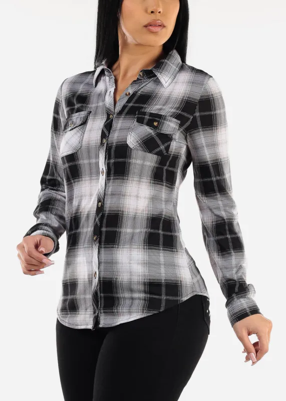 Long Sleeve Button Up Plaid Shirt  Black & White sold by Moda