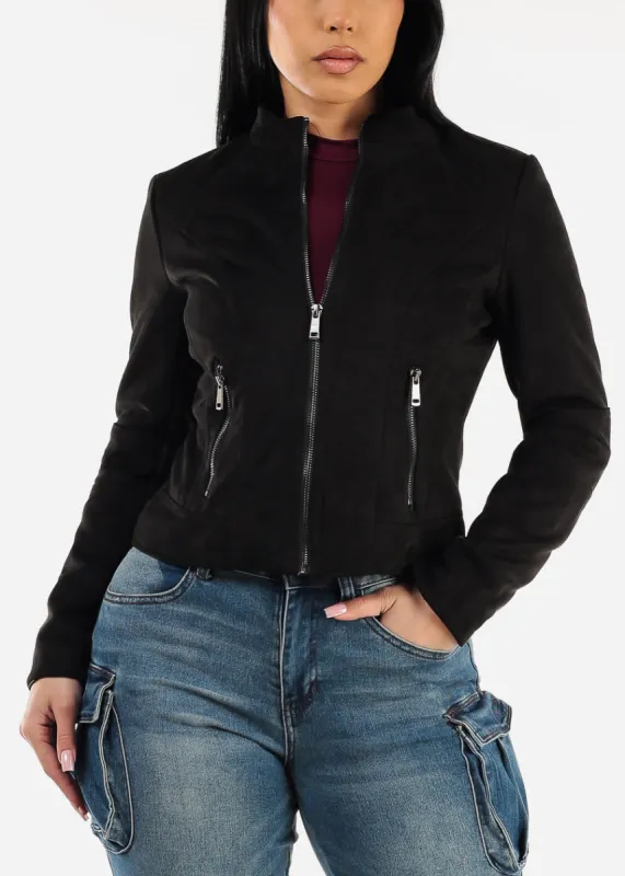 Zip Up Long Sleeve Black Suede Jacket sold by Moda