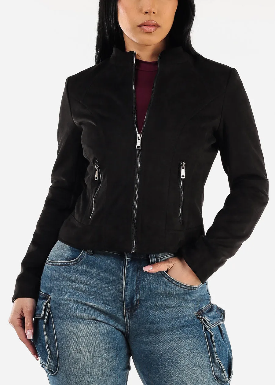 Zip Up Long Sleeve Black Suede Jacket sold by Moda