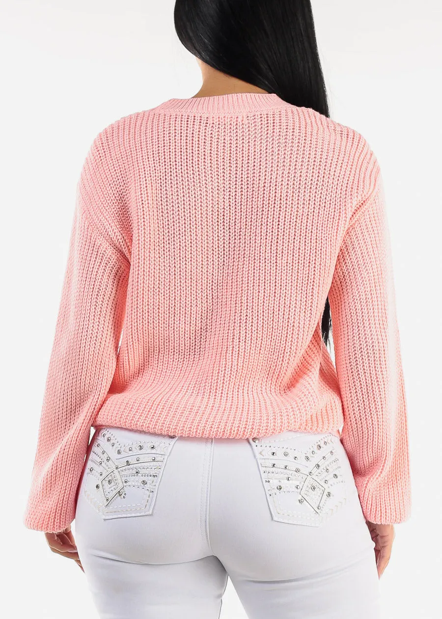 Long Sleeve Crewneck Knitted Sweater Pink "Heart" sold by Moda product image thumbnail 4