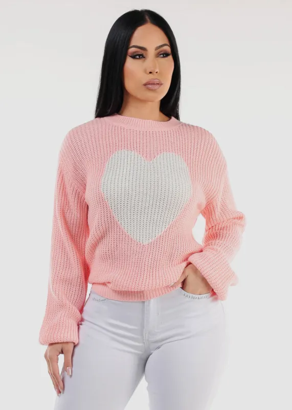 Long Sleeve Crewneck Knitted Sweater Pink "Heart" sold by Moda