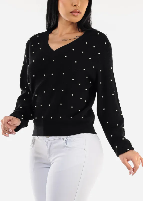 Long Sleeve Vneck Black Pearl Sweater sold by Moda