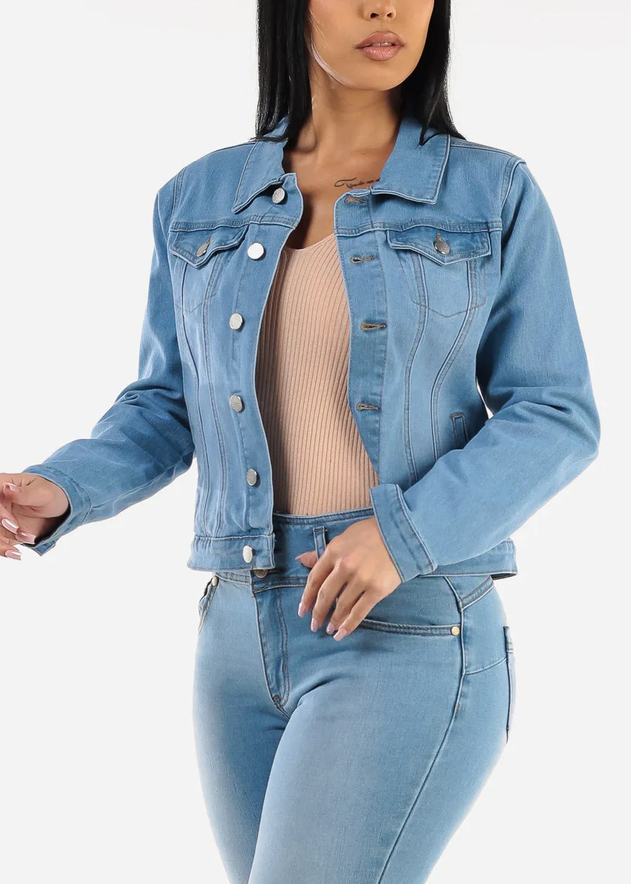 Long Sleeve Button Up Denim Jacket Light Blue sold by Moda
