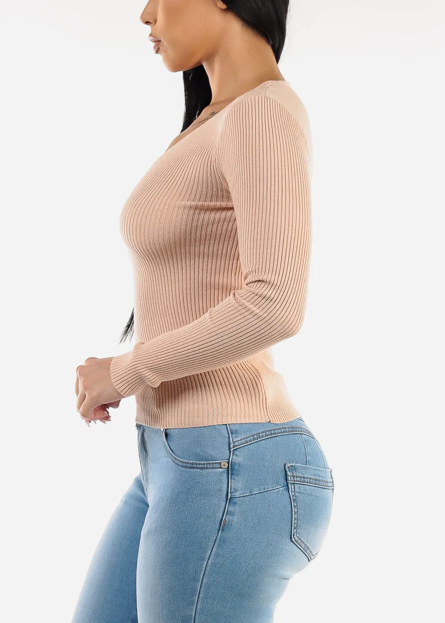 Long Sleeve Vneck Ribbed Sweater Top Light Pink sold by Moda product image thumbnail 3