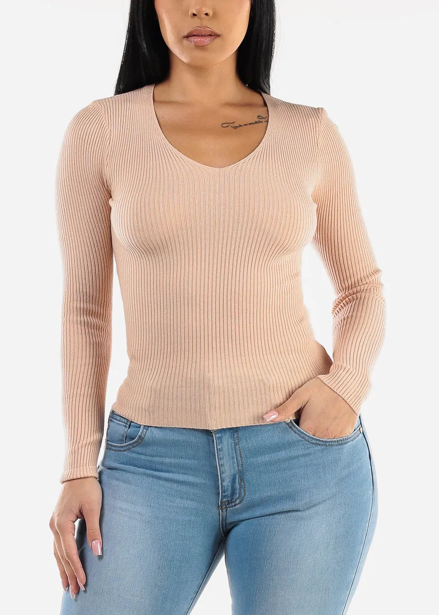 Long Sleeve Vneck Ribbed Sweater Top Light Pink sold by Moda product image thumbnail 5