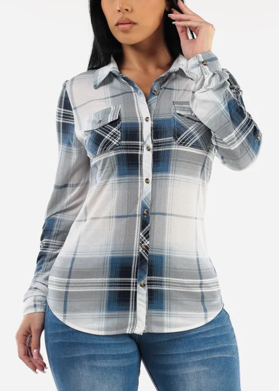 Long Sleeve Button Up Plaid Shirt Ivory & Blue sold by Moda