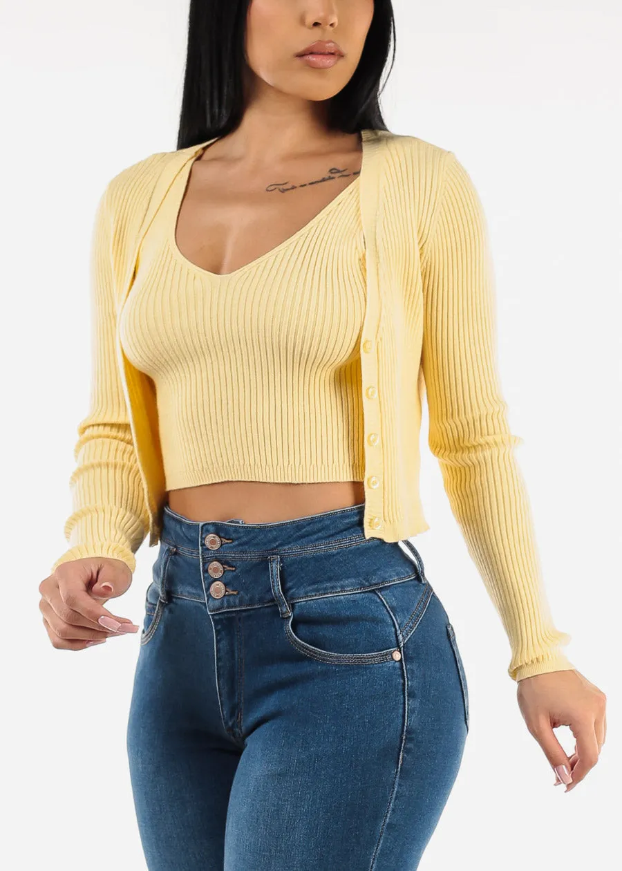 Sleeveless Crop Top & Cardigan Sweater Yellow (2 PCE SET) sold by Moda