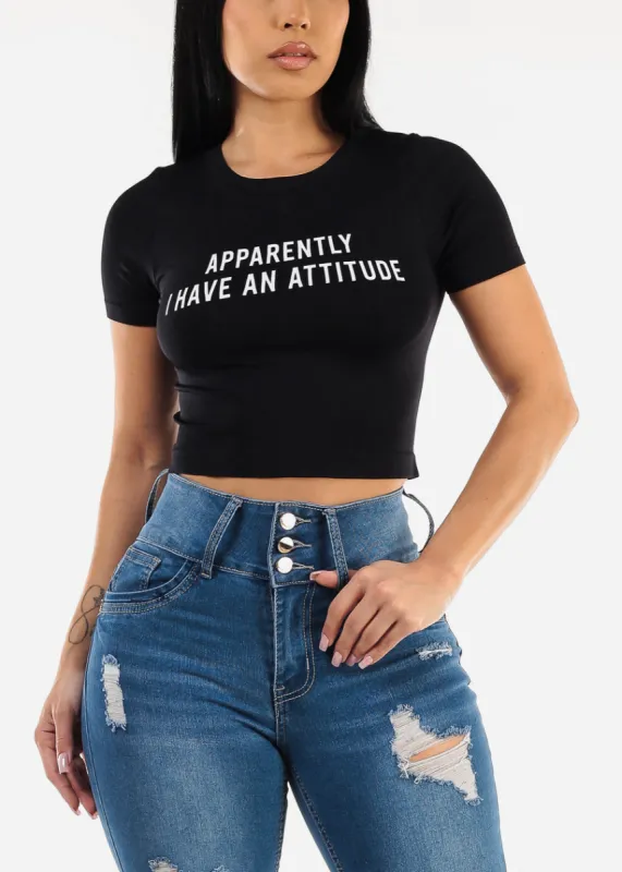 Short Sleeve Black Graphic Crop Top "Apparently" sold by Moda