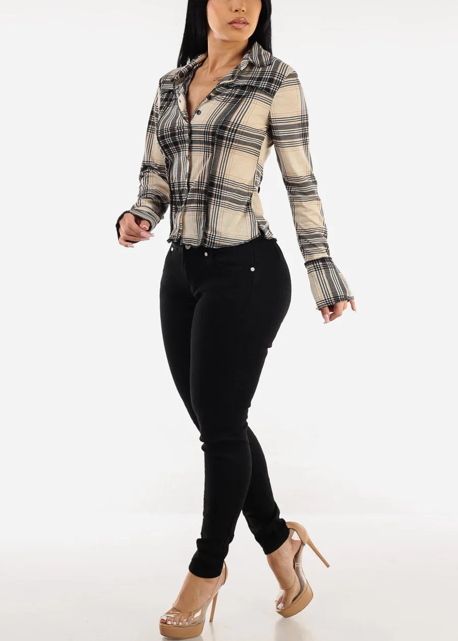 Long Sleeve Button Up Plaid Shirt Black & Beige sold by Moda product image thumbnail 2