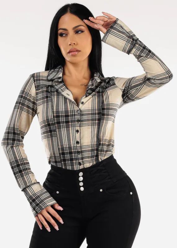 Long Sleeve Button Up Plaid Shirt Black & Beige sold by Moda