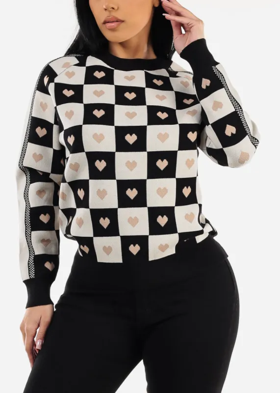 Round Neck Long Sleeve Printed Sweater Black & White sold by Moda
