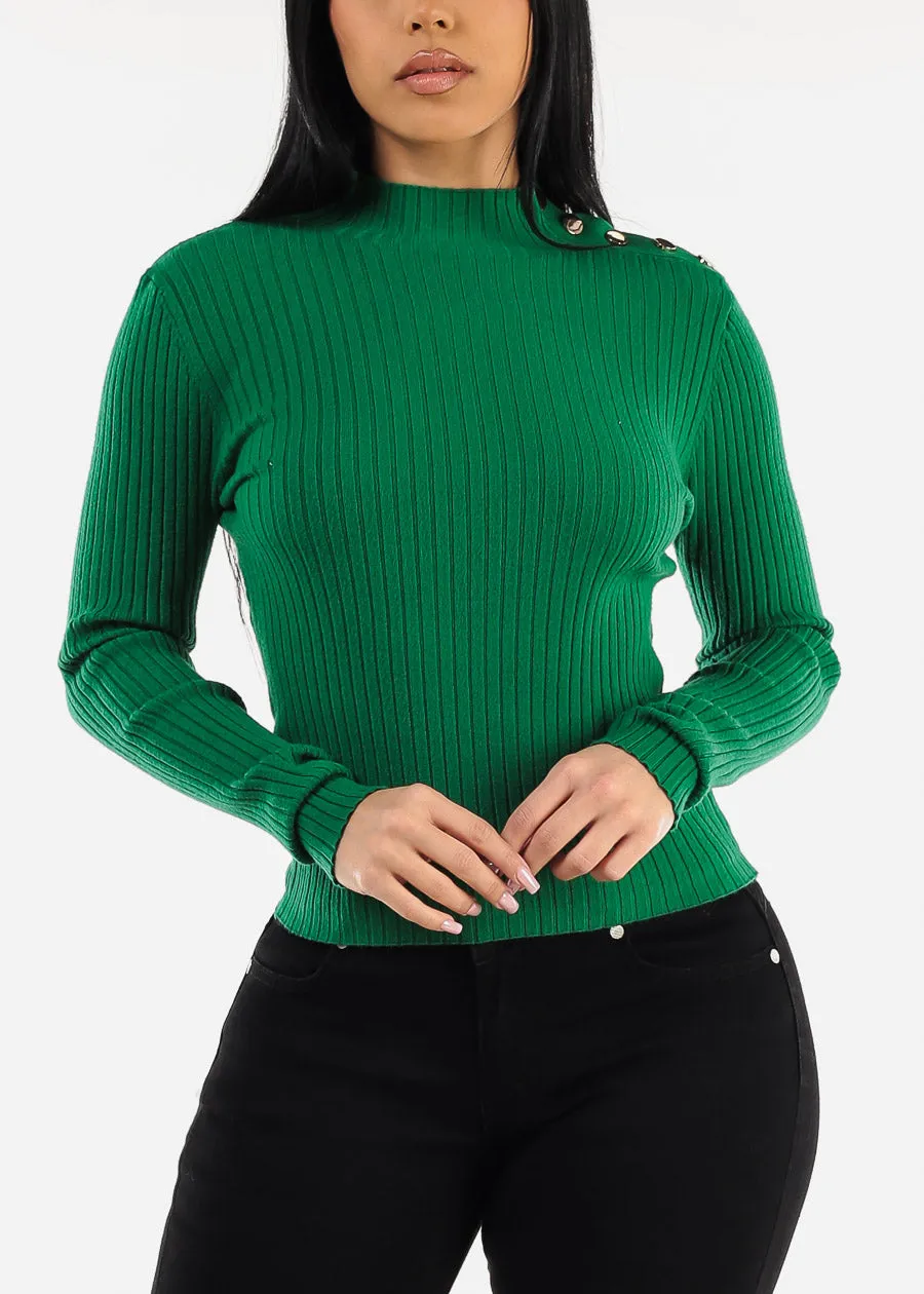 Long Sleeve Green Knitted Sweater w Button Detail sold by Moda