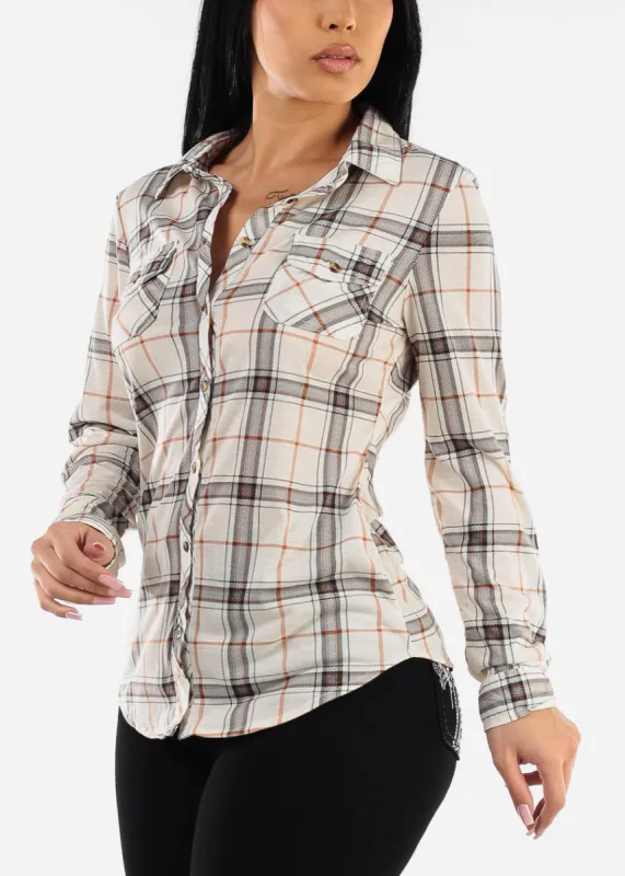 Long Sleeve Button Up Plaid Shirt Ivory sold by Moda
