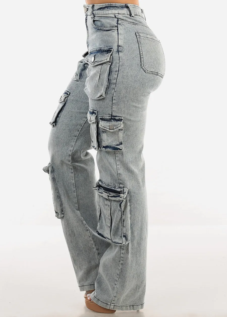 High Waist Acid Wash Utility Cargo Jeans sold by Moda product image thumbnail 3