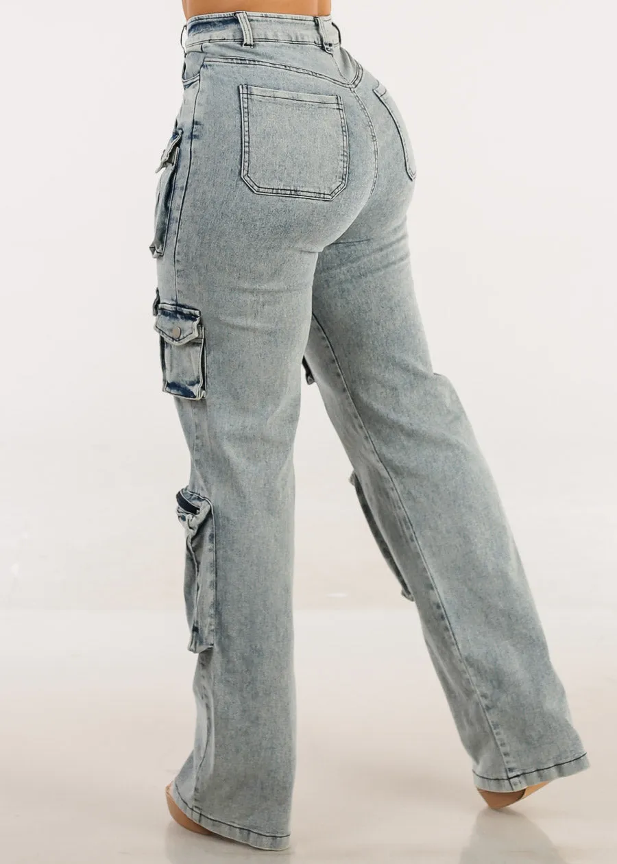 High Waist Acid Wash Utility Cargo Jeans sold by Moda product image thumbnail 4