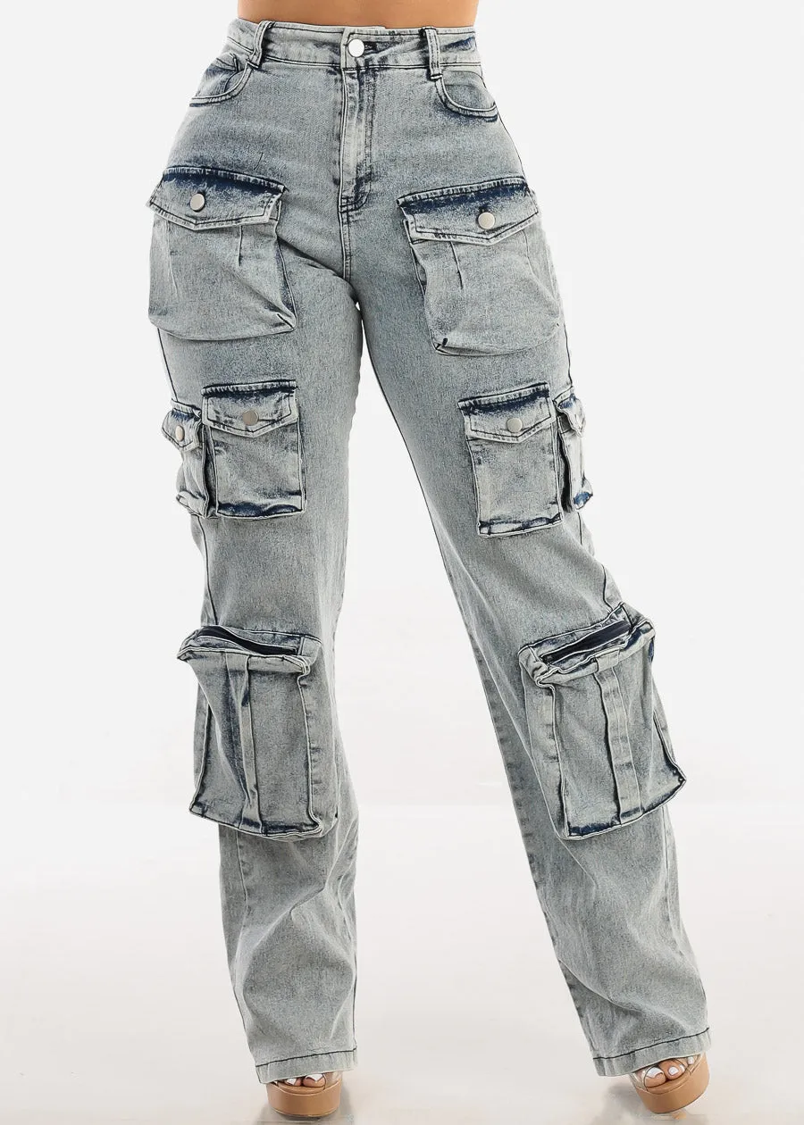 High Waist Acid Wash Utility Cargo Jeans sold by Moda