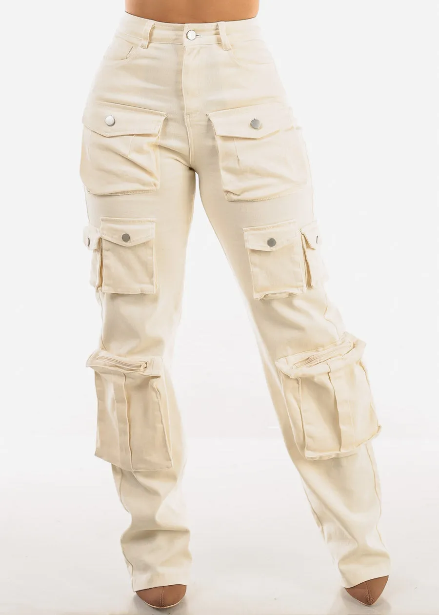 High Waist Utility Cargo Jeans Ivory sold by Moda