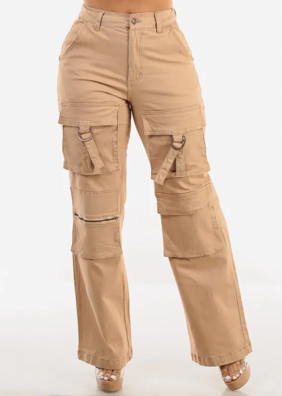 Super High Waist Straight Wide Leg Cargo Jeans Khaki sold by Moda