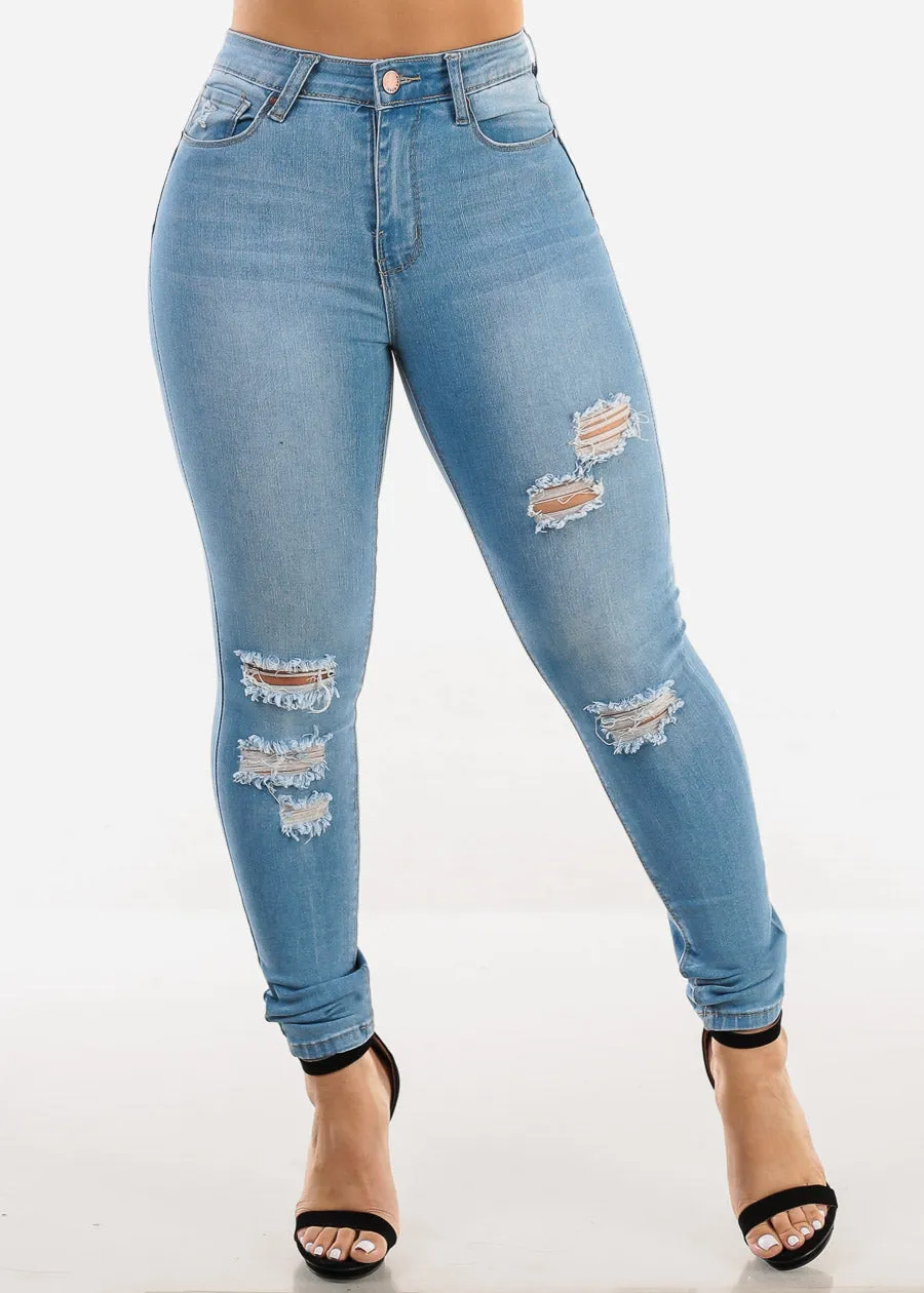 Butt Lift High Waist Distressed Skinny Jeans Light Blue sold by Moda product image thumbnail 3