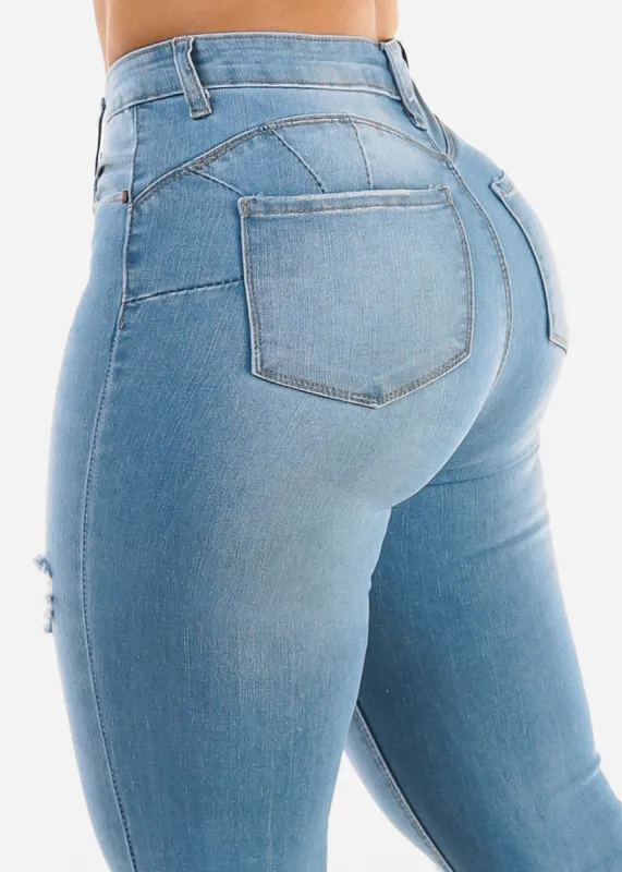 Butt Lift High Waist Distressed Skinny Jeans Light Blue sold by Moda