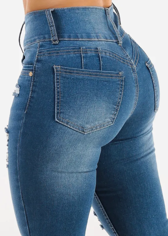 Butt Lift Super High Waist Ripped Skinny Jeans Med Blue sold by Moda