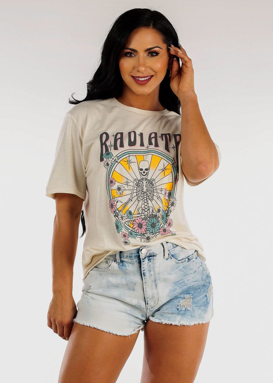 Beige Vintage Graphic Oversize Short Sleeve Tee sold by Moda