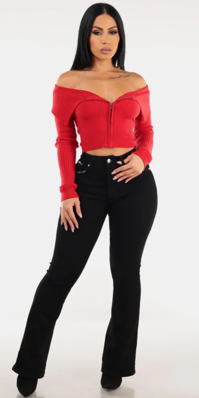 Red Knit Bootcut Denim Look sold by Moda