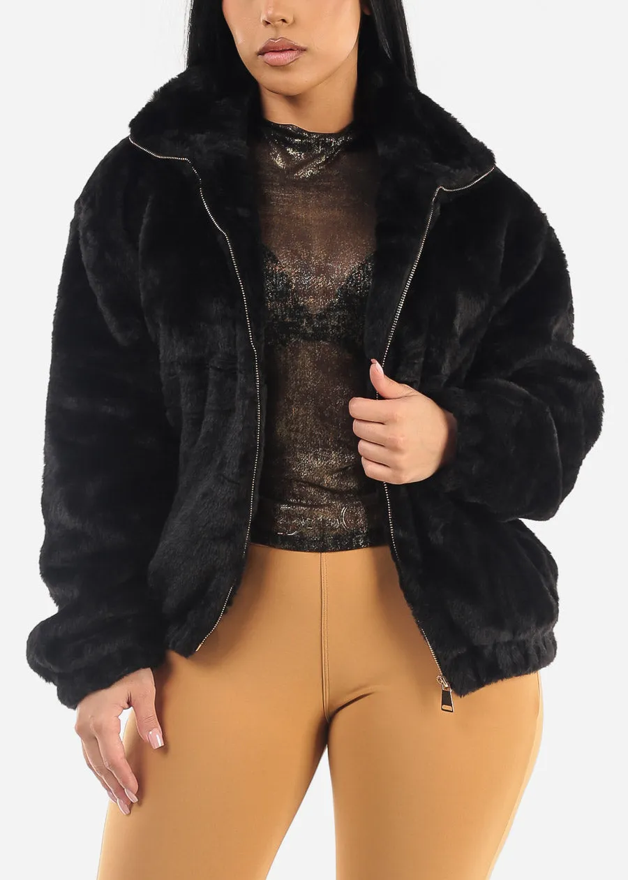 Black Long Sleeve Zip Up Faux Fur Collared Jacket sold by Moda product image thumbnail 3