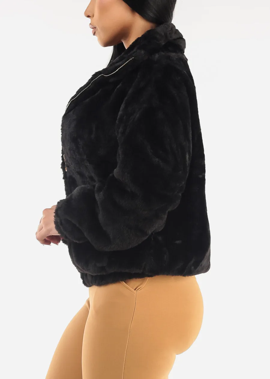 Black Long Sleeve Zip Up Faux Fur Collared Jacket sold by Moda product image thumbnail 4